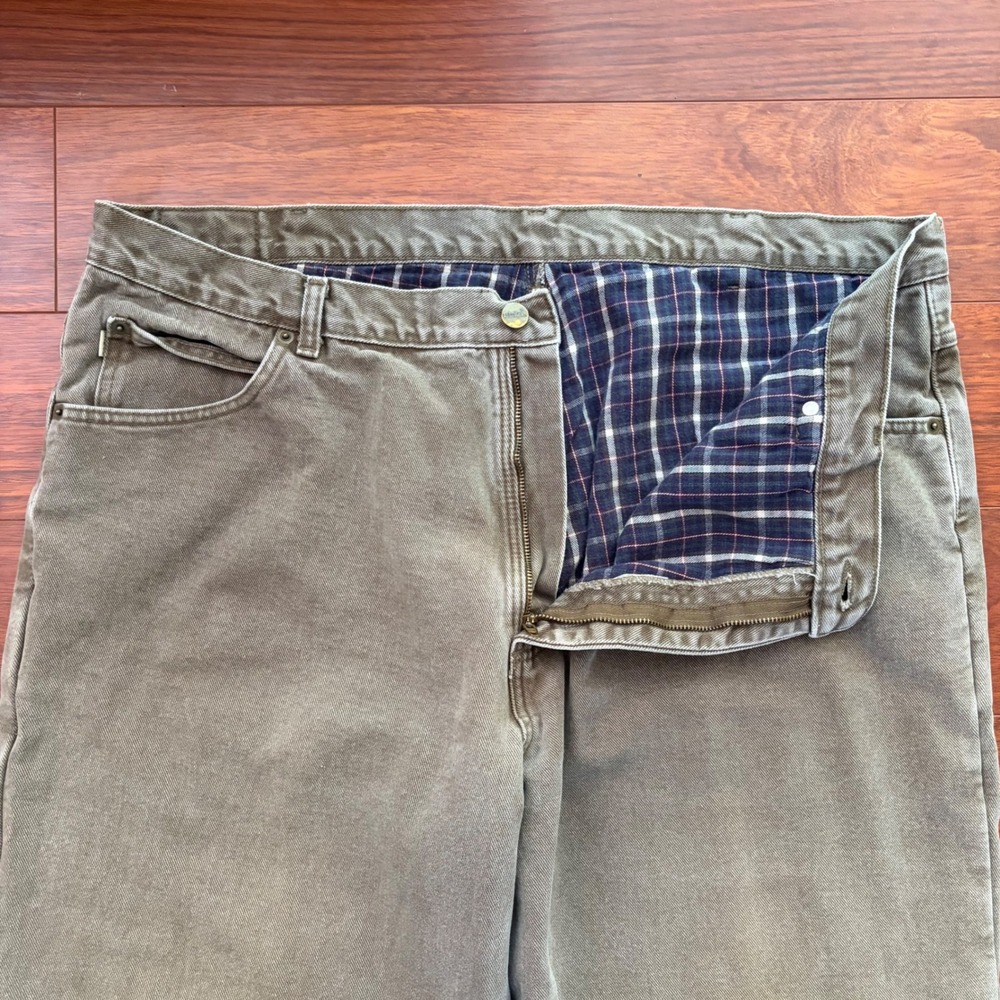 LL Bean Mens Double L Relaxed Fit Flannel Lined Pants 40x32 Green Denim Workwear